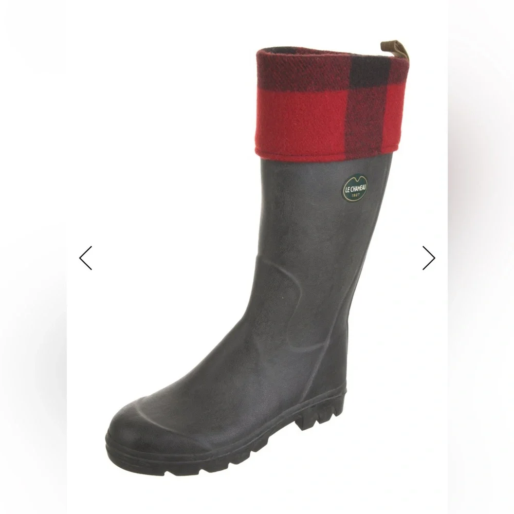 Le Chameau Black Rain Boots Red Plaid Wool